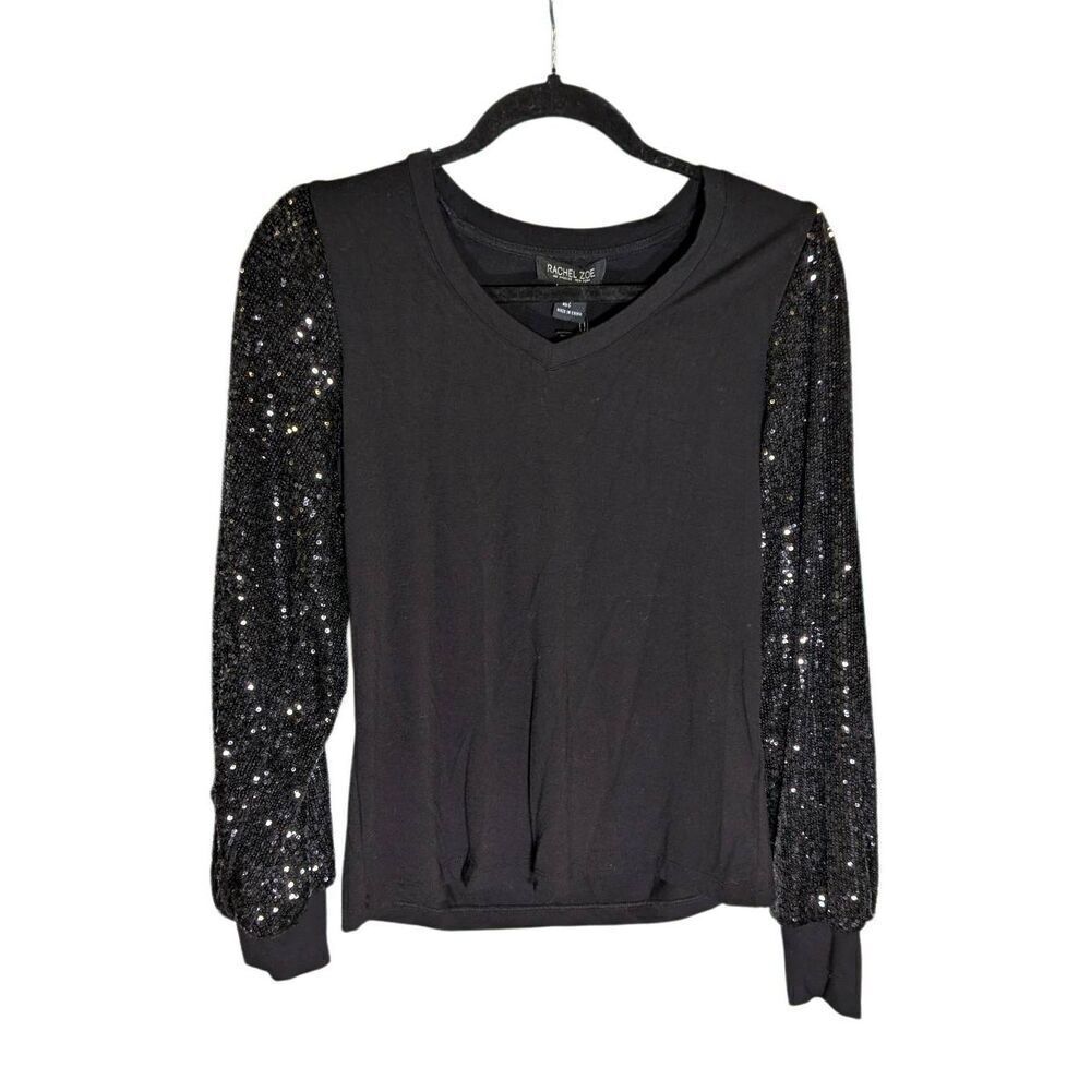 Nwt Rachel Zoe Black Presley Sequin Sleeve V-Neck Sweater Women's Small